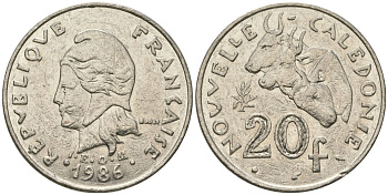 Французская Новая Каледония 20 франков 1986 три быка, (IEOM) KM 12, Schoen 14, Lec 112 никель 4680-245