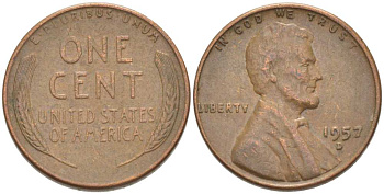США 1 ЦЕНТ 1957 D, ЛИНКОЛЬН KM А132 медь цинк 3309-1219