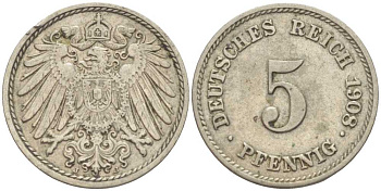 Германия 5 пфеннигов 1908 J KM 11, Jager 12, Weege 6 медно-никель 105-135