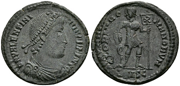 Римская Империя нуммий 364 - 368 Валентиниан I GLORIA ROMANORVM Сисция about Extremely fine RIC 5a бронза 1073-3-3-2