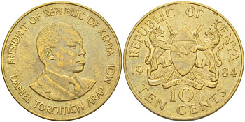 Кения 10 центов 1984 Дэниэл арап Мои KM 18 никель латунь 4512-243