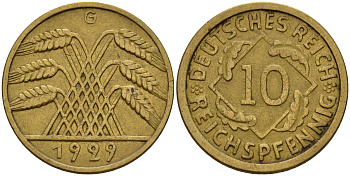 Германия 10 рейхспфеннигов 1929 G J. 317, KM 40 алюминиевая бронза    4603-814