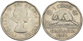 Канада 5 центов 1961 Елизавета II (1952-), бобр KM 50а никель 86-541