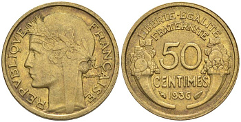 ФРАНЦИЯ 50 САНТИМОВ 1936 ТИП MORLON KM 894.1, LE FRANC 192.12 алюминиевая бронза 44-738