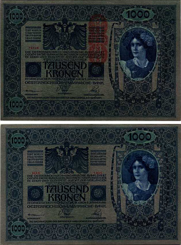 АВСТРИЯ 1000 КРОН 1919 КРАСНАЯ ВЕРТИКАЛЬНАЯ НАДПЕЧАТКА НА 1902 Pick 59 бумага аUNC 8607-4-1