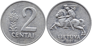 ЛИТВА 2 ЦЕНТА 1991 KM 86 алюминий 4393-834