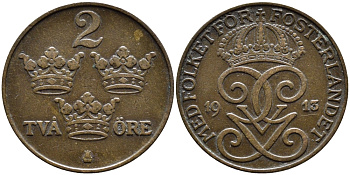 Швеция 2 эре 1913 Густав V (1907-1950) KM 778 бронза 54-1536