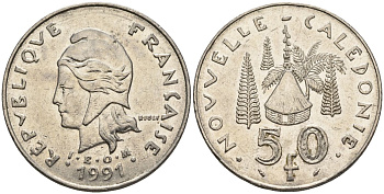 Французская Новая Каледония 50 франков 1991 хижина среди сосен и пальм, (IEOM) KM 13, Schoen 15, Lec 121 никель 4120-913