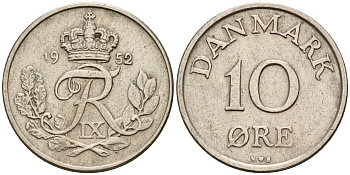 Дания 10 эре 1952 C; S, Фредерик IX (1947-1972) KM 841.1 медно-никель    4189-229