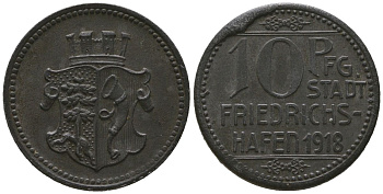 Фридрихсхафен (Федеральная земля Вюртемберг) 10 пфеннигов 1918 Funck 142.1, Men18 10382.1 железо aUNC 4601-626