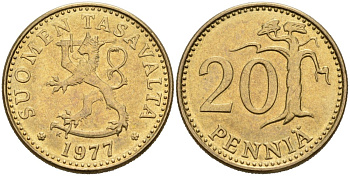 ФИНЛЯНДИЯ 20 ПЕННИ 1977 K KM 47 алюминиевая бронза 4563-324