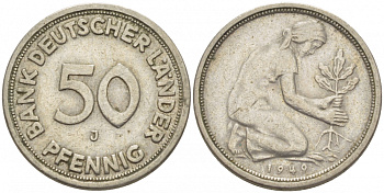 ФРГ 50 пфеннигов 1949 J KM 104, J. 379 медно-никель 112-948