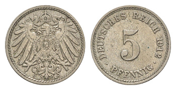 Германия 5 пфеннигов 1912 A, Вильгельм II (1888-1918) KM 11, J.12 медно-никель 4644-1064