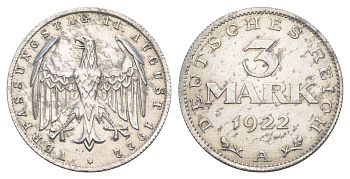 Германия 3 марки 1922 A, 3-я годовщина Веймарской конституции KM 29, J. 303 алюминий aUNC 4637-156