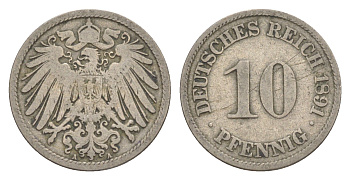 Германия 10 пфеннигов 1891 A, Вильгельм II (1888-1918) KM 12, J. 13 медно-никель 4640-226