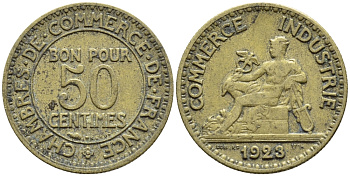 ФРАНЦИЯ 50 САНТИМОВ 1923 CHAMBRES DE COMMERCE KM 834, LE FRANC 191.6 алюминиевая бронза 4392-626