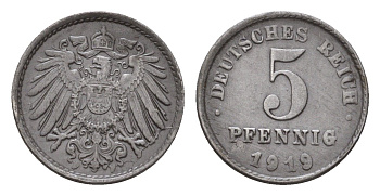 Германия 5 пфеннигов 1919 F KM 19, J. 297 железо плакированная цинком 4636-341