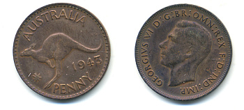 Австралия 1 пенни 1943 p, Георг VI (1936-1952), кенгуру, без буквы I KM 36 бронза 80-121