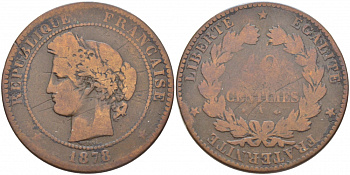 ФРАНЦИЯ 10 САНТИМОВ 1878 A, ТРЕТЬЯ РЕСПУБЛИКА (1871-1940) KM 815.1, LA FRANC 135.20 бронза 114-1222