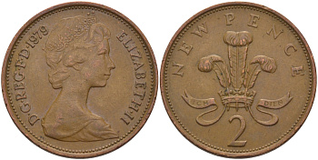 Великобритания 2 пенса 1979 Елизавета II (1952-2022) KM 916, Spink 4235 (C1) бронза 28-311