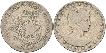 Бразилия 200 рейс 1901 голова свободы вправо KM 504 медно-никель 4589-1131