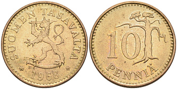 ФИНЛЯНДИЯ 10 ПЕННИ 1968 S KM 46 алюминиевая бронза 192-1032
