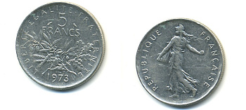 ФРАНЦИЯ 5 ФРАНКОВ 1973 СЕЯТЕЛЬ KM 926a.1, LE FRANC 341.5 медно-никель плакированный никелем 80-133