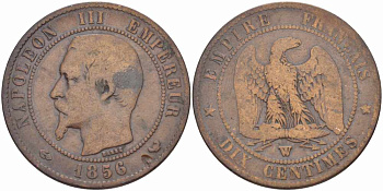 Франция 10 сантимов 1856 W, Наполеон III (1852-1870) KM 771.7, Le Franc 133.38 бронза    4680-613