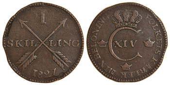 Швеция 1 скиллинг 1827 Карл XIV Юхан (1818-1844), редкий год KM 597 медь 413-5225