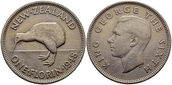 Новая Зеландия 1 флорин 1948 Георг VI (1937-1952), птичка киви, первый год KM 18 медно-никель 4590-521