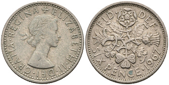 Великобритания 6 пенсов 1967 Елизавета II (1952-2022) KM 903, Spink 4149 медно-никель 75-1544