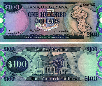 Гайана 100 долларов ND (1989) карта Гайаны, собор Святого Георгия Pick 28 (2) бумага UNC (пресс) 7183-30-4-2