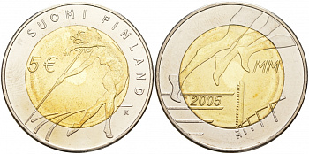 Финляндия 5 евро 2005 X Чемпионат мира по легкой атлетике, с сертификатом KM 118 биметалл UNC M3-06