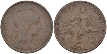 ФРАНЦИЯ 5 САНТИМОВ 1916 ТИП ДАНИЭЛЬ ДЮПЮИ KM 842, LE FRANC 119.28 бронза 28-614