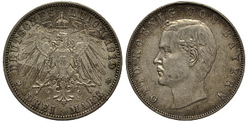 Бавария 3 марки 1910 Отто (1886-1913) Weege 45, J. 47, KM 515 серебро 3711-1943