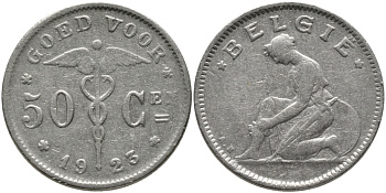 БЕЛЬГИЯ 50 САНТИМОВ 1923 BELGIE KM 88 никель 4385-611