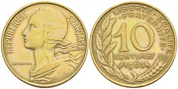 ФРАНЦИЯ 10 САНТИМОВ 1963 ТИП MARIANE KM 929, LE FRANC 144.3 алюминиевая бронза 44-963