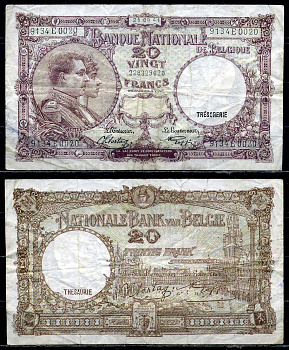 Бельгия 20 франков 1941 25.09.1941, Король Альберт I и его жена Королева Елизавета, Гран-Плас / Гроте Маркт, Брюссель Pick 111 (2) бумага 6301-32-2-1