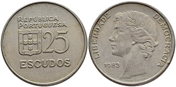 Португалия 25 эскудо 1983 KM 607а медно-никель 4394-746