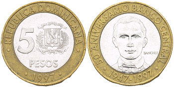 Доминиканская республика 5 песо 1997 50 лет центральному банку KM 88 биметалл 4541-1046