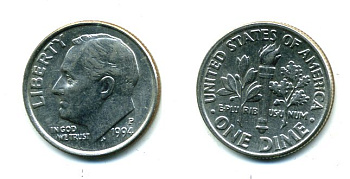 США 10 ЦЕНТОВ = 1 ДАЙМ 1994 P, РУЗВЕЛЬТ KM 195а медь плакированная медно-никелем 46-2531