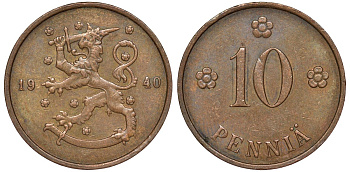 Финляндия 10 пенни 1940 KM 24 медь 51-3211