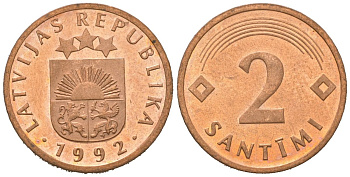 Латвия 2 сантима 1992 KM 21 сталь плакированная медью UNC 4621-465