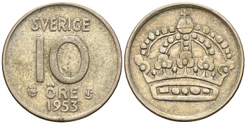 Швеция 10 эре 1953 TS, Густав VI Адольф (1950-1973) KM 823 серебро 4147-864