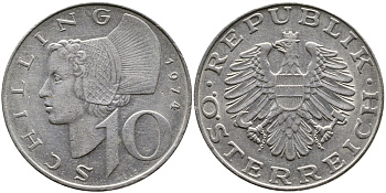 АВСТРИЯ 10 ШИЛЛИНГОВ 1974 KM 2918 никель плакированный медно-никелем 4388-1243