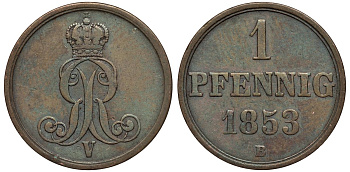 Ганновер 1 пфенниг 1853 B, Георг V KM 221, AKS 155, J. 83 медь 4594-169