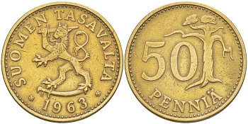 ФИНЛЯНДИЯ 50 ПЕННИ 1963 S KM 48 алюминиевая бронза 210-831