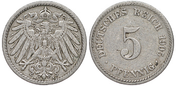 ГЕРМАНИЯ 5 ПФЕННИГОВ 1905 A, KM 11, J.12 медно-никель 45-1122