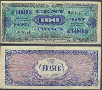 Франция 100 франков 1944 Pick 123 a бумага 8622-25-3-1