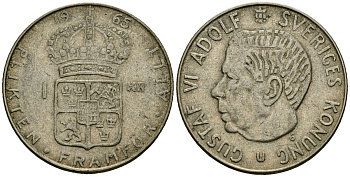 Швеция 1 крона 1965 U, Густав VI Адольф (1950-1973) KM 826 серебро 4177-1017
